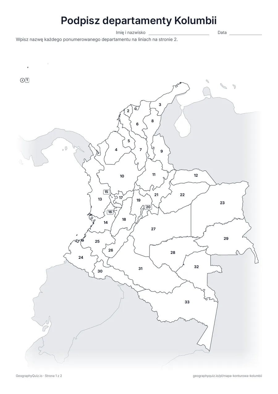 Podgląd karty pracy do druku „Podpisz departamenty Kolumbii”: Mapa z numerami wszystkich 32 departamentów i Bogoty