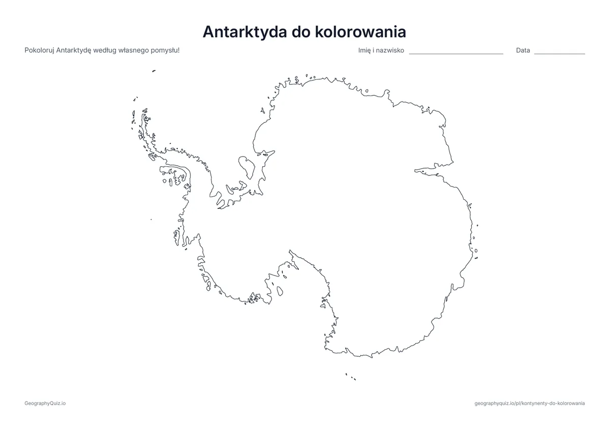 Podgląd karty pracy do druku „Antarktyda do kolorowania”: Antarktyda widziana z góry, nad biegunem południowym: wielki, lodowy kontynent do pokolorowania