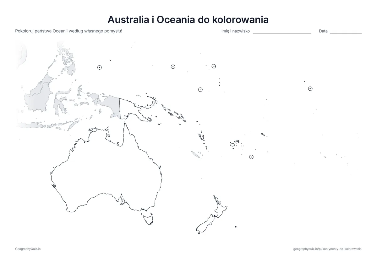 Podgląd karty pracy do druku „Australia i Oceania do kolorowania”: Mapa Australii, Nowej Zelandii i wysp Pacyfiku; najmniejsze państwa są zaznaczone kółkiem