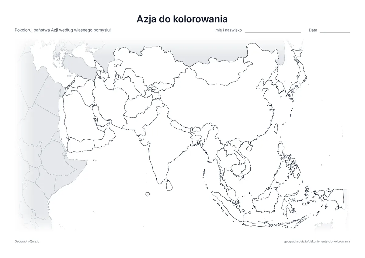 Podgląd karty pracy do druku „Azja do kolorowania”: Mapa Azji, największego kontynentu, ze wszystkimi państwami