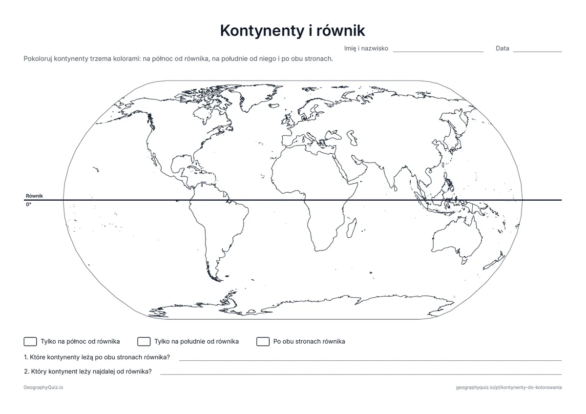 Podgląd karty pracy do druku „Kontynenty i równik”: Równik jest narysowany