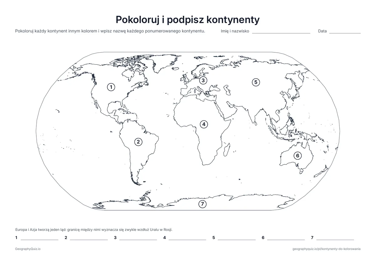 Podgląd karty pracy do druku „Pokoloruj i podpisz kontynenty”: Każdy kontynent ma numer