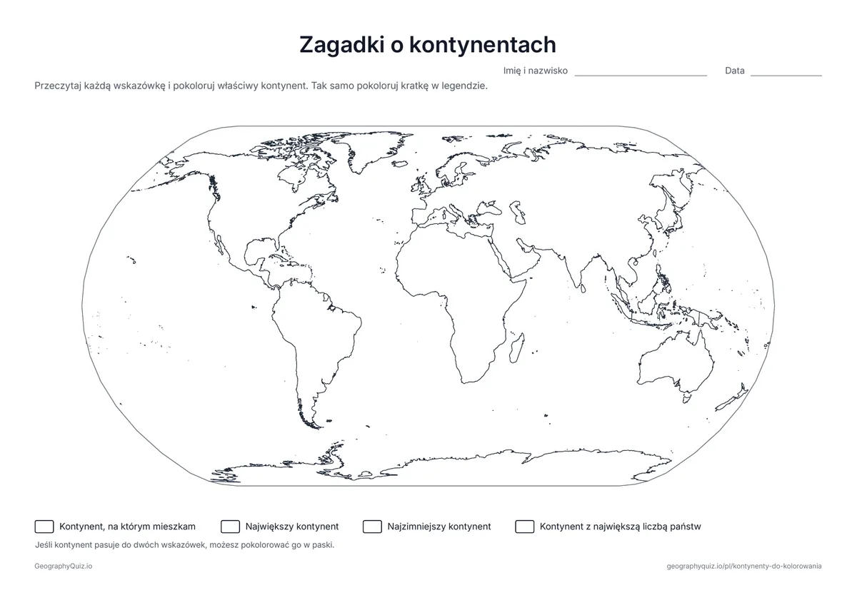 Podgląd karty pracy do druku „Zagadki o kontynentach”: Cztery wskazówki, np