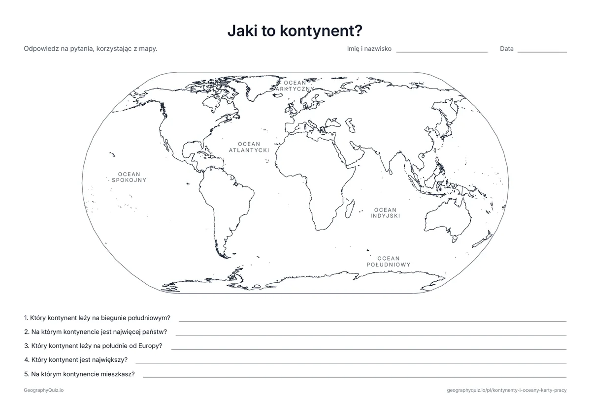 Podgląd karty pracy do druku „Jaki to kontynent?”: Oceany mają nazwy na mapie