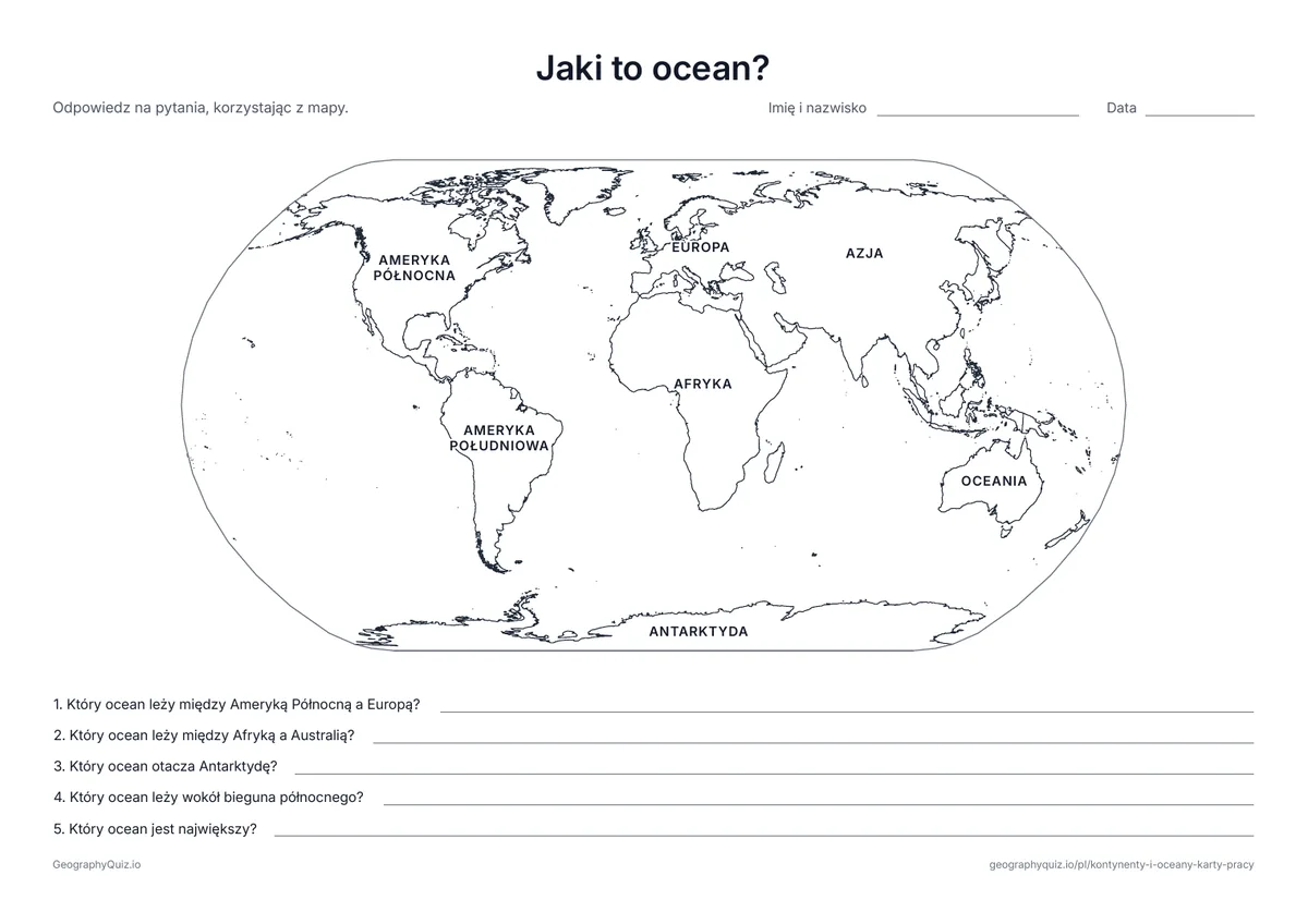 Podgląd karty pracy do druku „Jaki to ocean?”: Kontynenty mają nazwy na mapie
