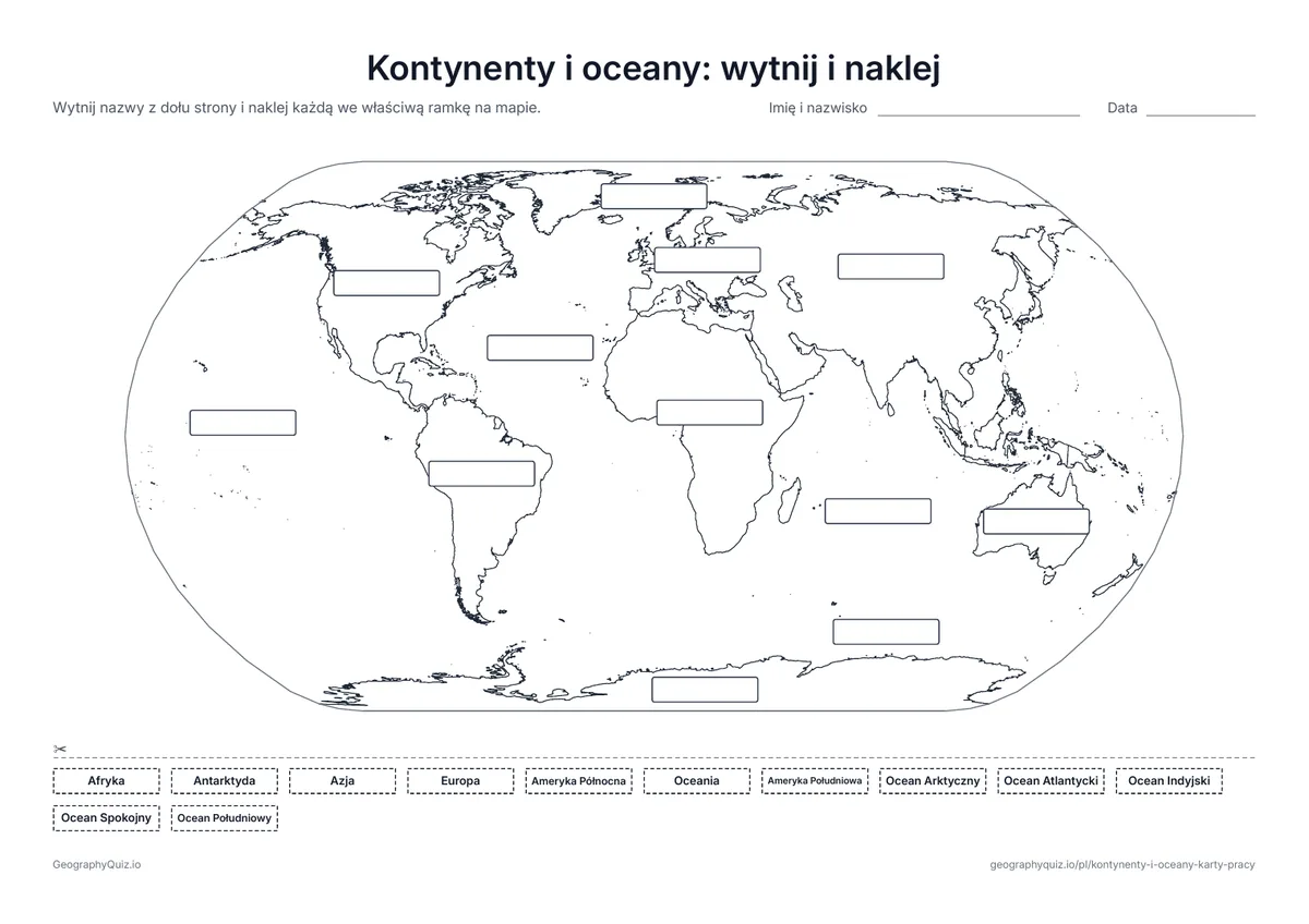 Podgląd karty pracy do druku „Kontynenty i oceany: wytnij i naklej”: Dwanaście pustych ramek na mapie i dwanaście nazw do wycięcia i naklejenia – karta z wycinanką dla najmłodszych