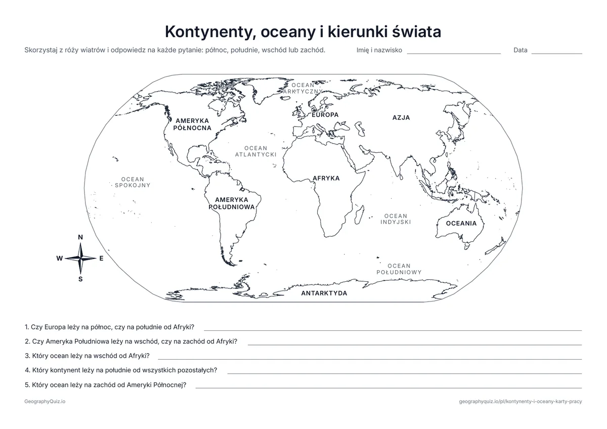 Podgląd karty pracy do druku „Kontynenty, oceany i kierunki świata”: Mapa świata z nazwami i różą wiatrów