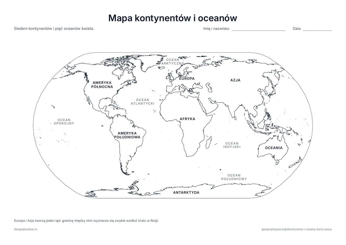 Podgląd karty pracy do druku „Mapa kontynentów i oceanów”: Mapa świata z podpisanymi siedmioma kontynentami i pięcioma oceanami – wzór do nauki i sprawdzania