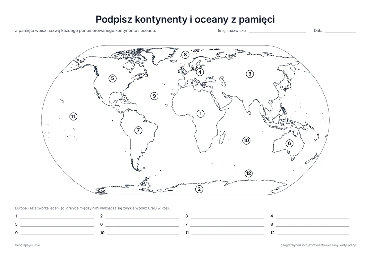Podgląd karty pracy do druku „Podpisz kontynenty i oceany z pamięci”: Te same dwanaście numerów bez ramki ze słowami – szybki sprawdzian tego, co zostało w pamięci