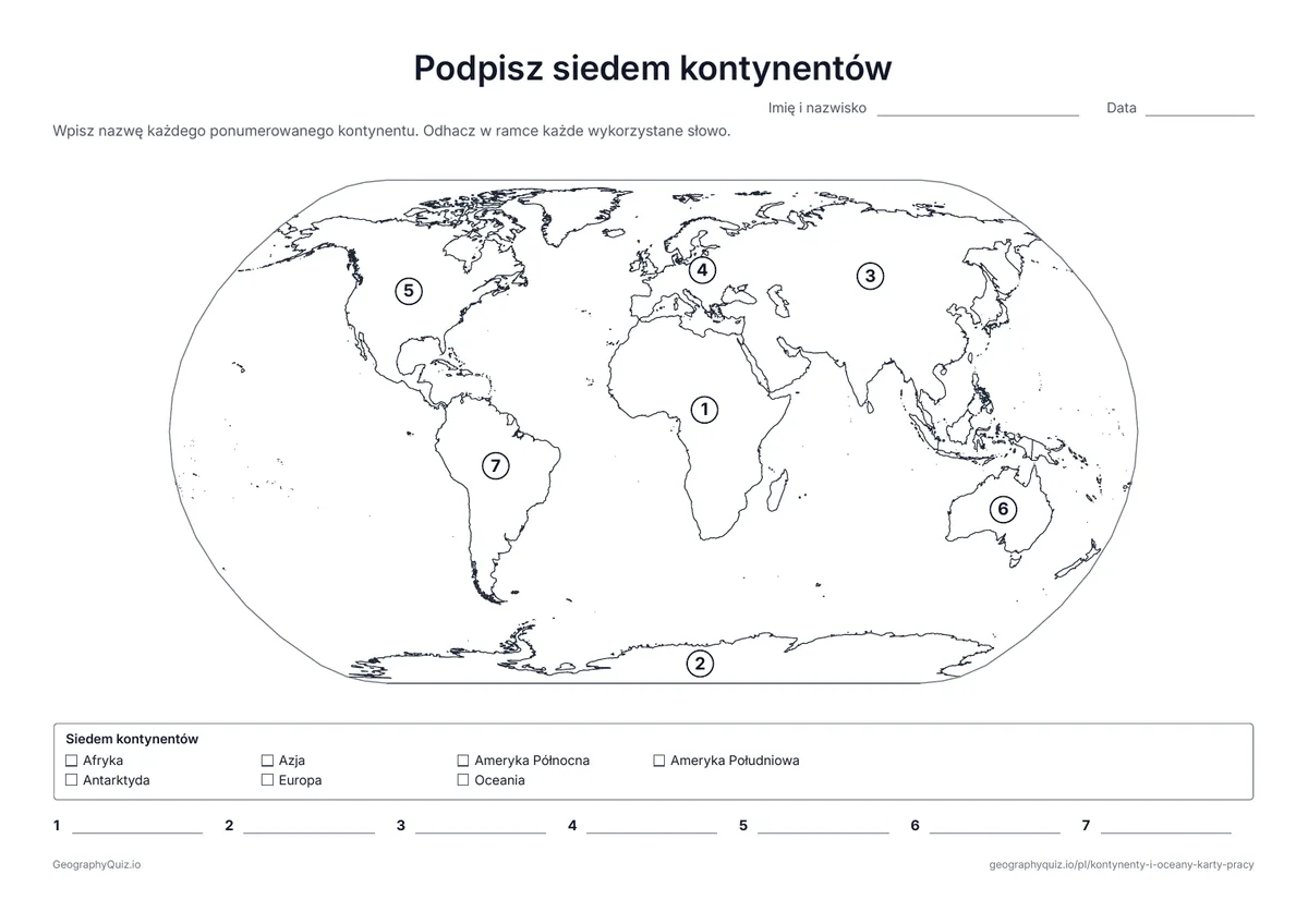 Podgląd karty pracy do druku „Podpisz siedem kontynentów”: Siedem ponumerowanych kontynentów na mapie świata, z ramką ze słowami i linią do pisania dla każdego