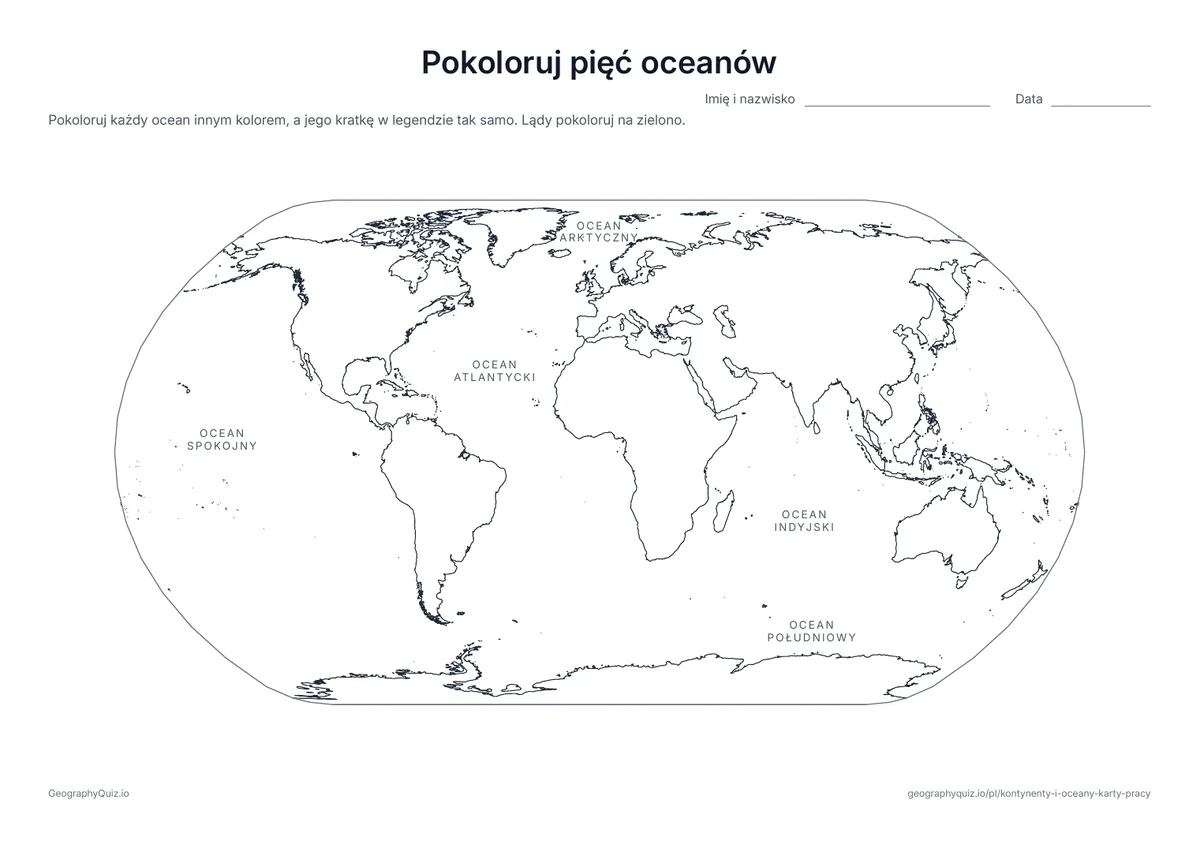 Podgląd karty pracy do druku „Pokoloruj pięć oceanów”: Pięć oceanów ma nazwy na mapie