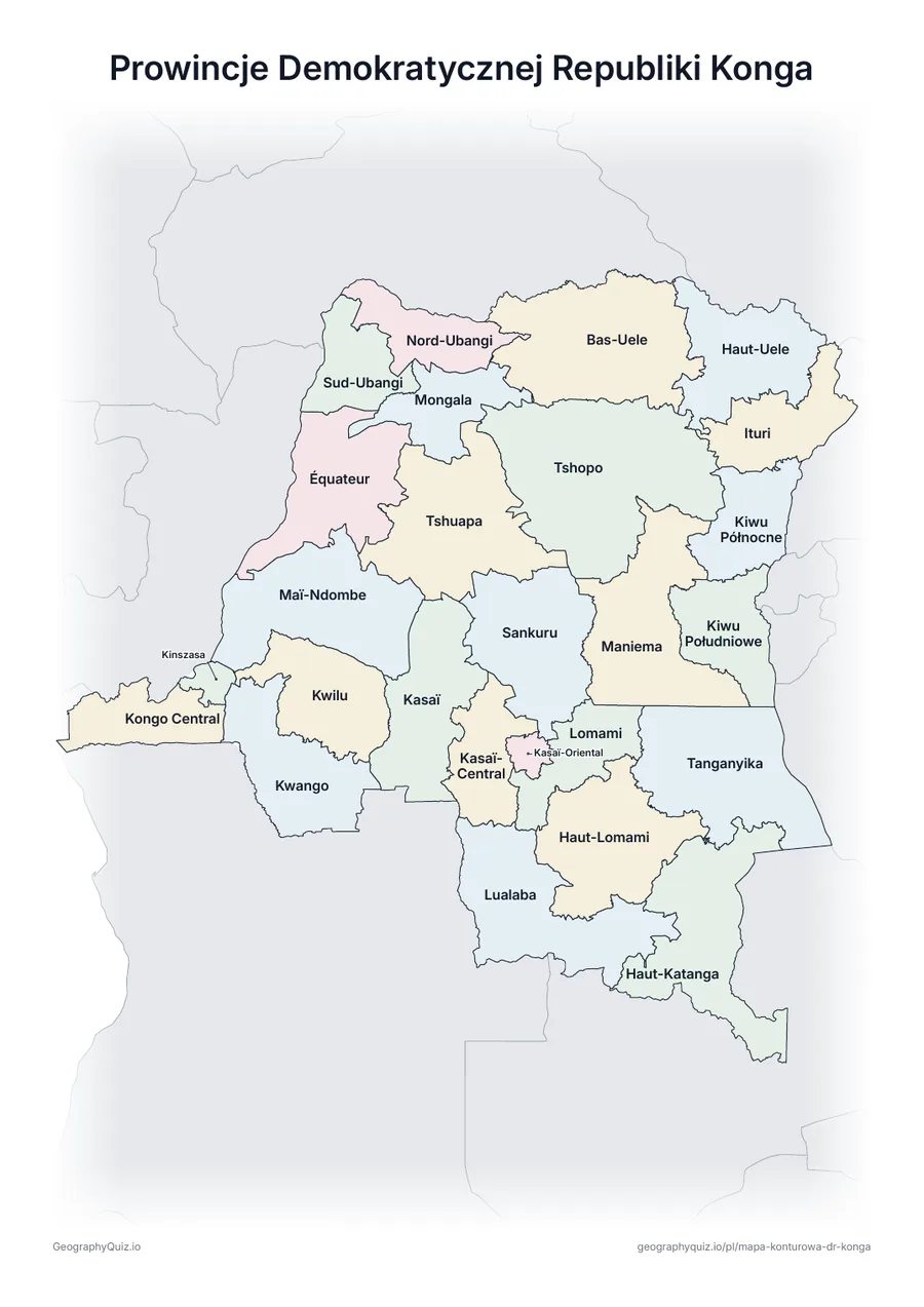 Podgląd karty pracy do druku „Prowincje Demokratycznej Republiki Konga”: Mapa Demokratycznej Republiki Konga ze wszystkimi nazwami – karta poglądowa na lekcję i do sprawdzania odpowiedzi