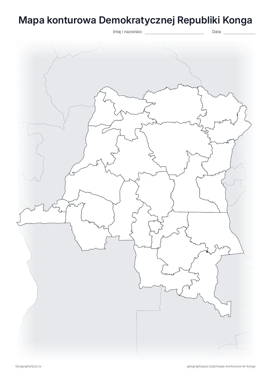 Podgląd karty pracy do druku „Mapa konturowa Demokratycznej Republiki Konga”: Mapa konturowa Demokratycznej Republiki Konga z granicami wszystkich 25 prowincji i miasta Kinszasa; państwa sąsiednie są zacieniowane na szaro