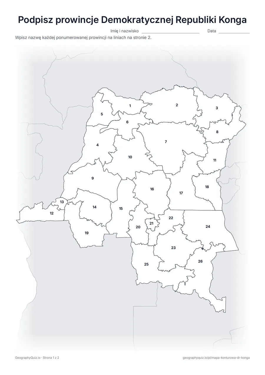 Podgląd karty pracy do druku „Podpisz prowincje Demokratycznej Republiki Konga”: Mapa z numerami wszystkich 25 prowincji i miasta Kinszasa