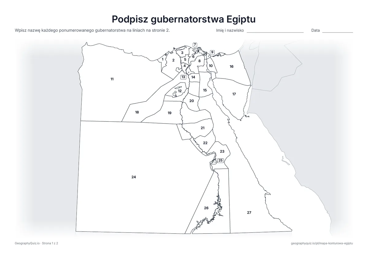 Podgląd karty pracy do druku „Podpisz gubernatorstwa Egiptu”: Mapa z numerami wszystkich 27 gubernatorstw