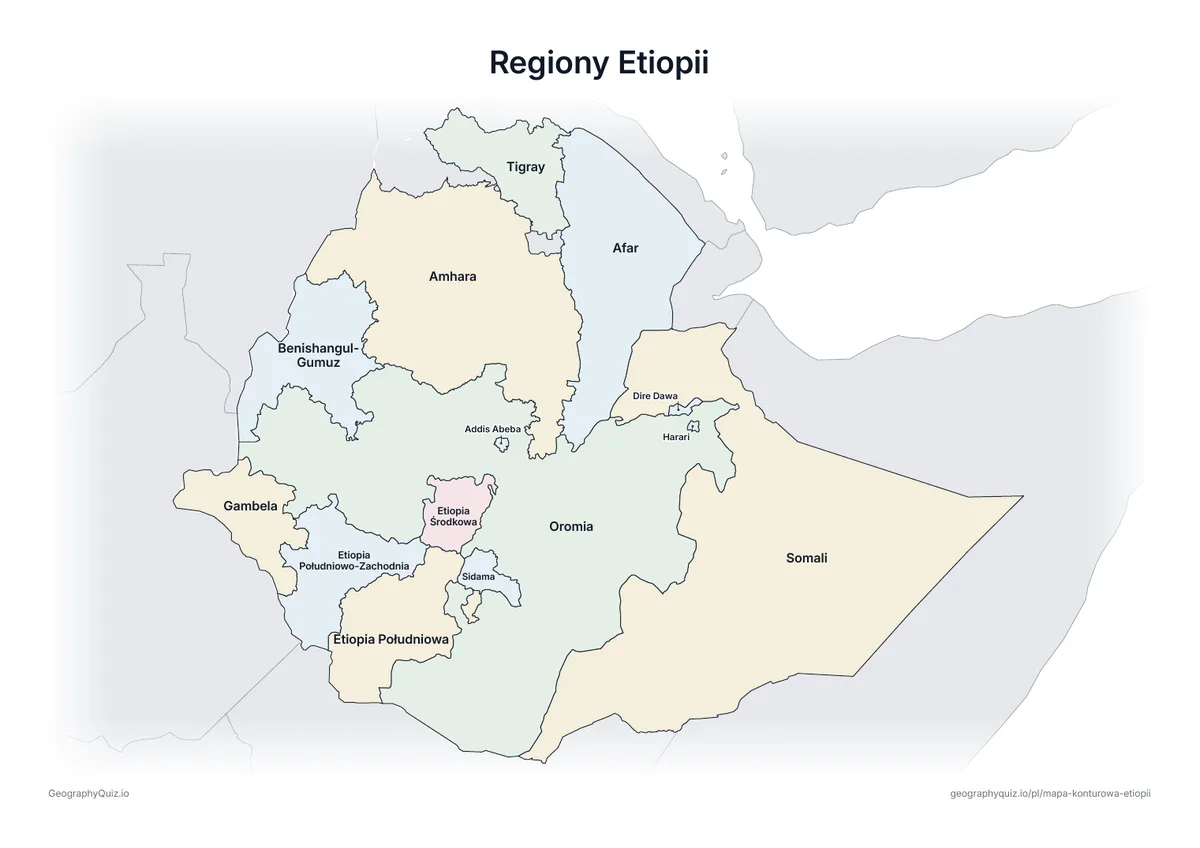 Podgląd karty pracy do druku „Regiony Etiopii”: Mapa Etiopii ze wszystkimi nazwami – karta poglądowa na lekcję i do sprawdzania odpowiedzi