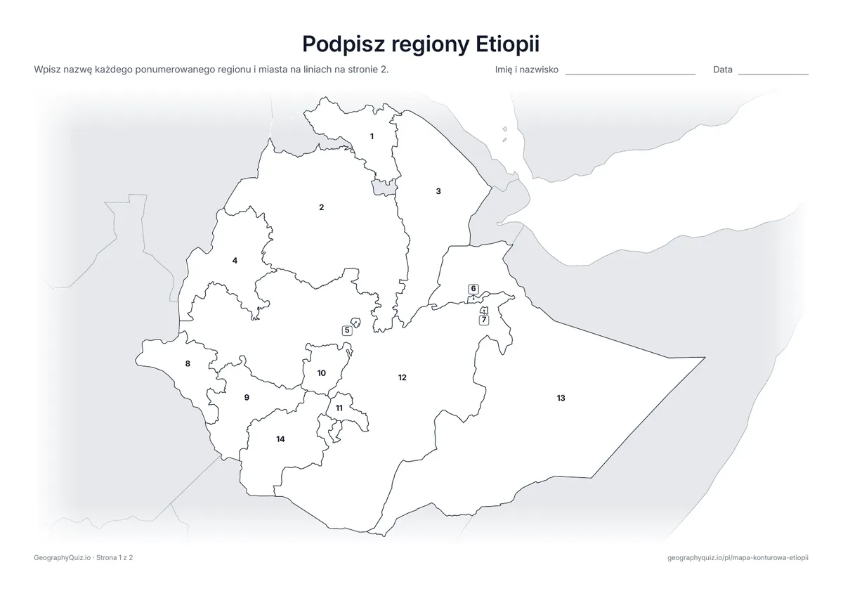 Podgląd karty pracy do druku „Podpisz regiony Etiopii”: Mapa z numerami wszystkich 12 regionów i 2 miast o specjalnym statusie