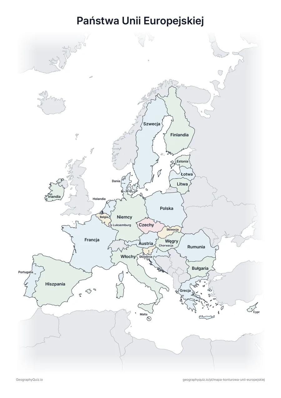 Podgląd karty pracy do druku „Państwa Unii Europejskiej”: Ta sama mapa z nazwami wszystkich 27 państw – do nauki, powtórki lub sprawdzania prac uczniów
