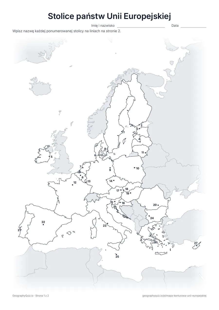 Podgląd karty pracy do druku „Stolice państw Unii Europejskiej”: Każda stolica jest oznaczona ponumerowaną kropką