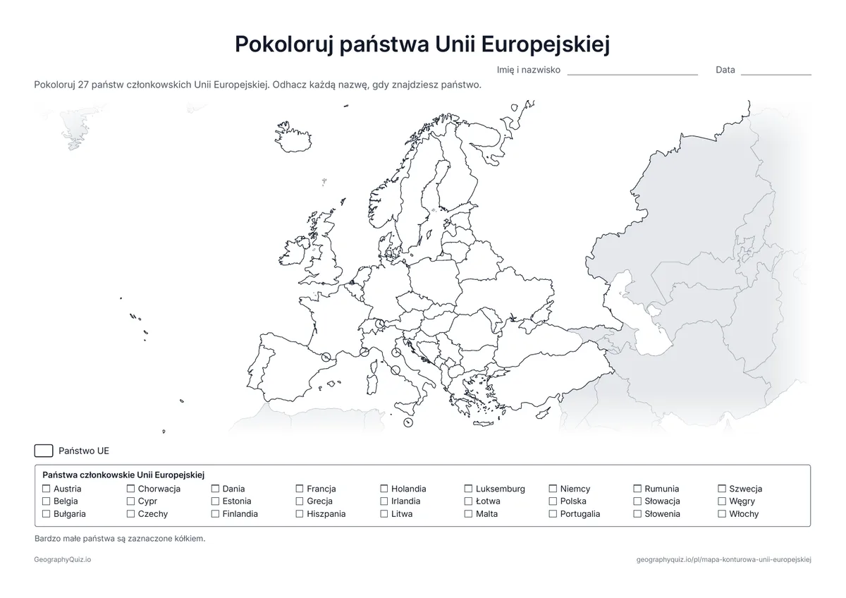 Podgląd karty pracy do druku „Pokoloruj państwa Unii Europejskiej”: Mapa konturowa Europy z listą 27 państw UE do odhaczania