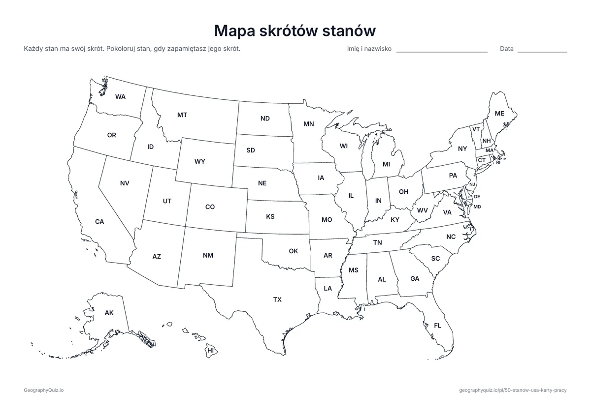 Podgląd karty pracy do druku „Mapa skrótów stanów”: Każdy stan z dwuliterowym skrótem, od AL do WY