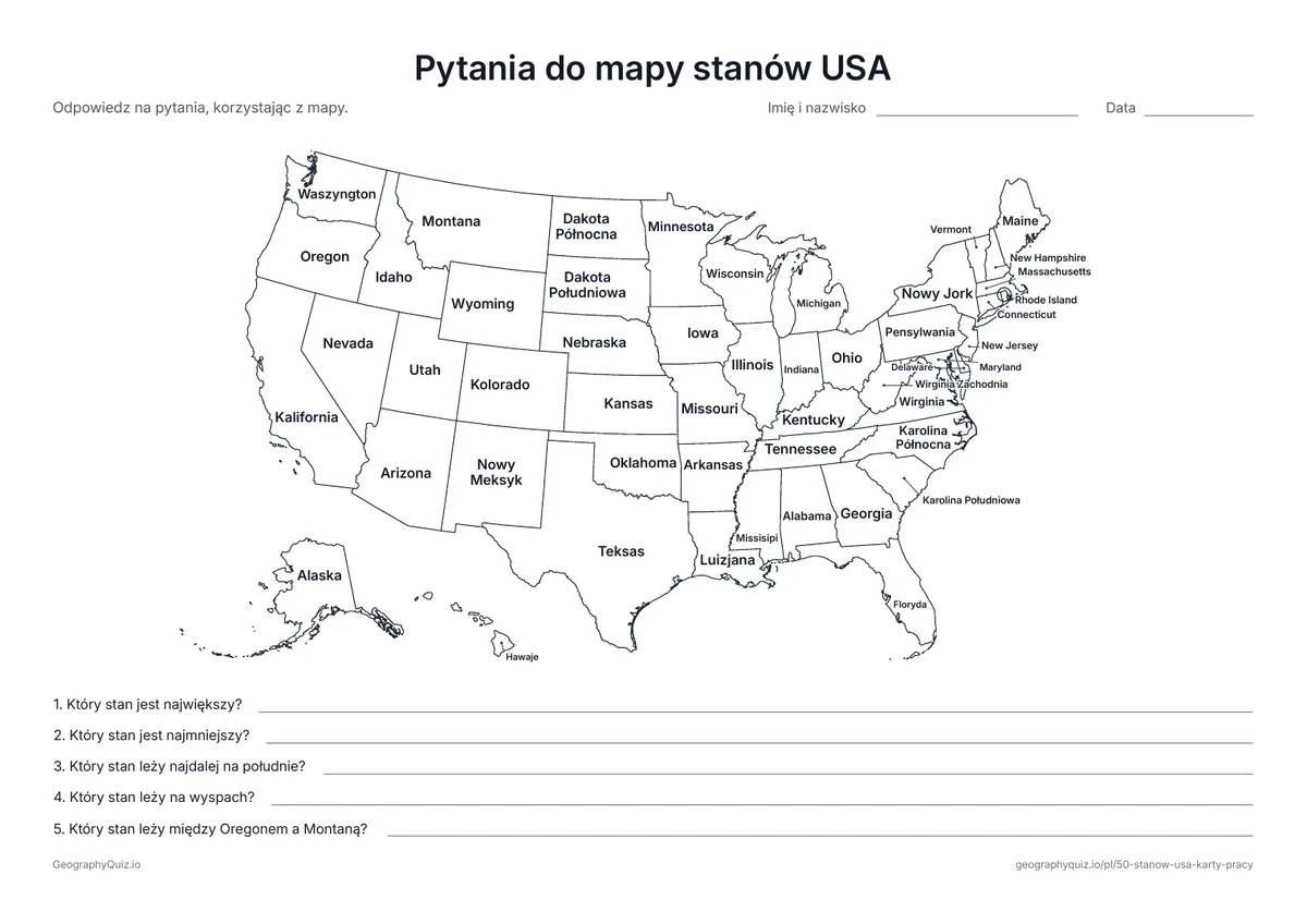 Podgląd karty pracy do druku „Pytania do mapy stanów USA”: Mapa z nazwami i pięć pytań o największe, najmniejsze i najbardziej oddalone stany