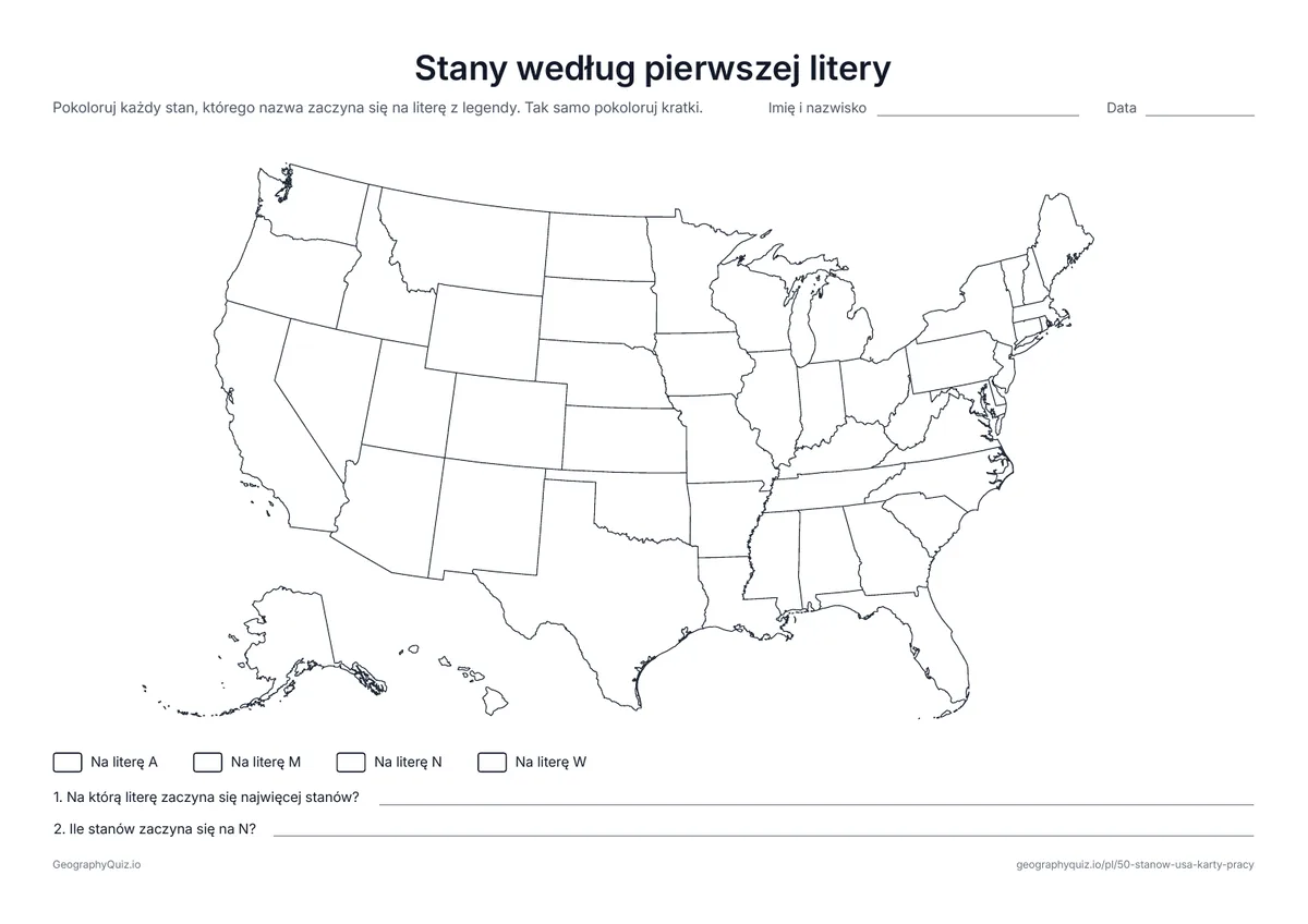 Podgląd karty pracy do druku „Stany według pierwszej litery”: Wszystkie stany na A, M, N lub W koloruje się według legendy i liczy