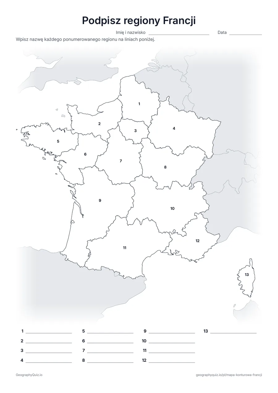 Podgląd karty pracy do druku „Podpisz regiony Francji”: Mapa z numerami wszystkich 13 regionów