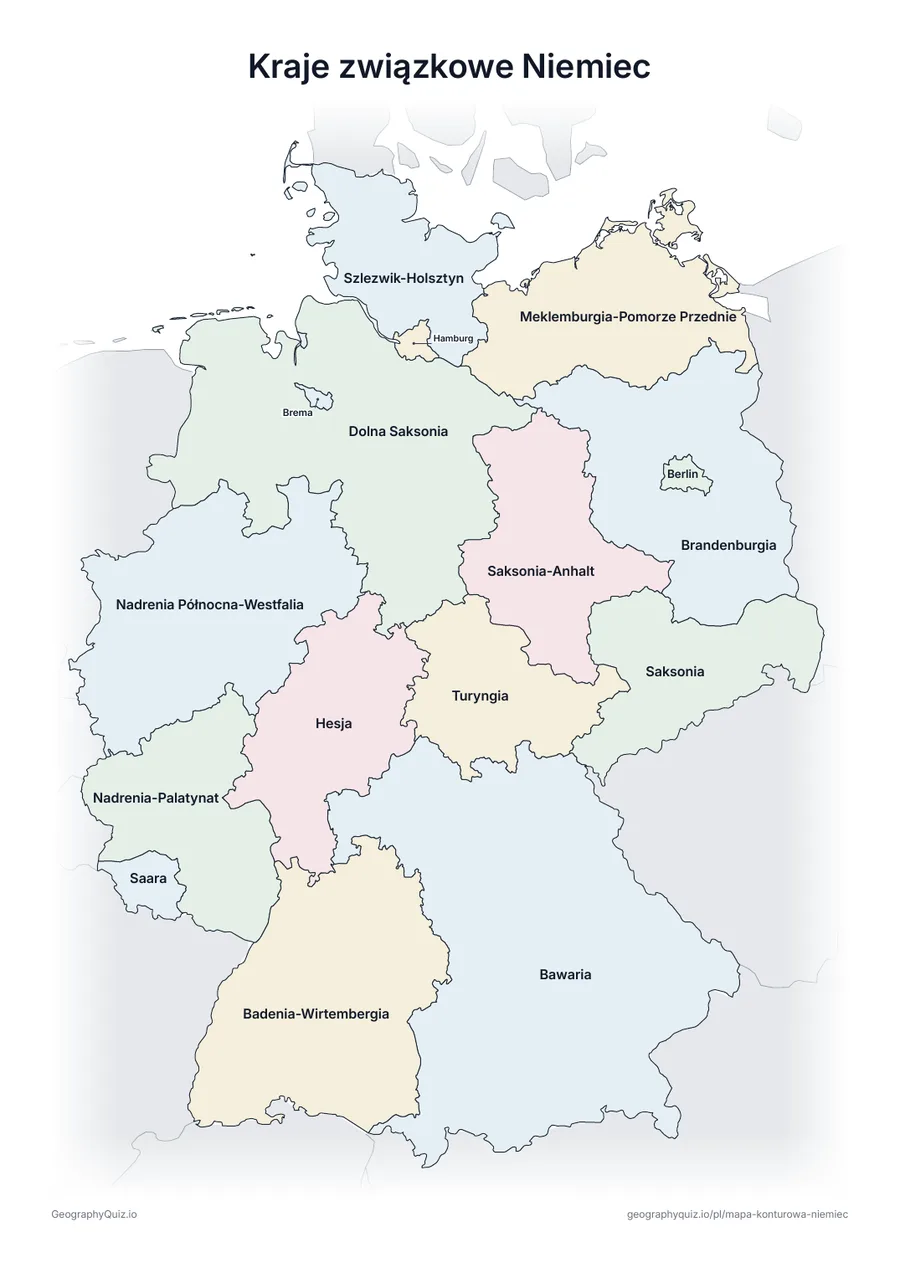 Podgląd karty pracy do druku „Kraje związkowe Niemiec”: Mapa Niemiec ze wszystkimi nazwami – karta poglądowa na lekcję i do sprawdzania odpowiedzi