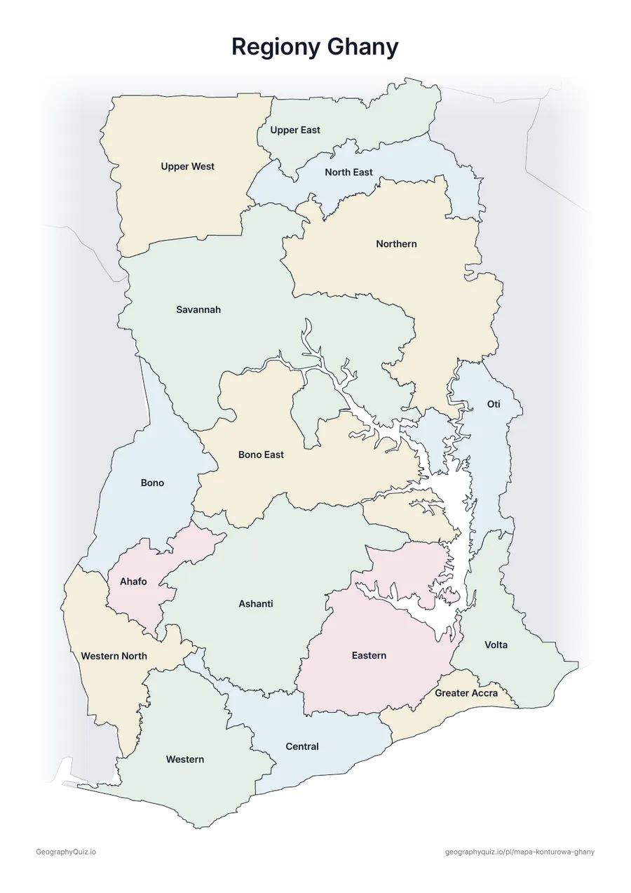 Podgląd karty pracy do druku „Regiony Ghany”: Mapa Ghany ze wszystkimi nazwami – karta poglądowa na lekcję i do sprawdzania odpowiedzi