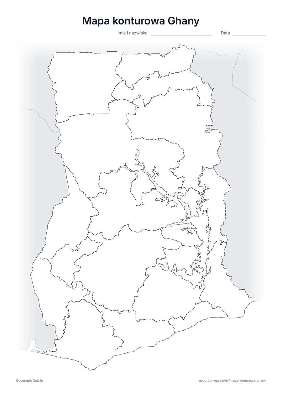 Podgląd karty pracy do druku „Mapa konturowa Ghany”: Mapa konturowa Ghany z granicami wszystkich 16 regionów; państwa sąsiednie są zacieniowane na szaro