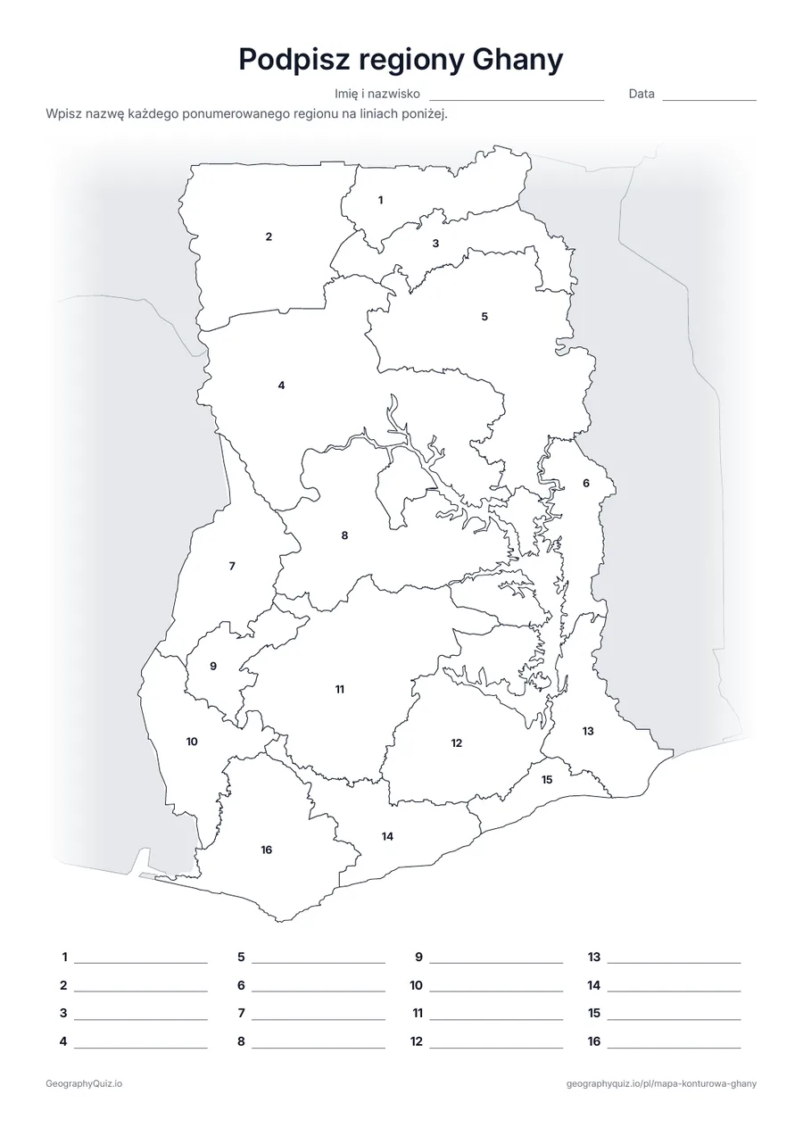 Podgląd karty pracy do druku „Podpisz regiony Ghany”: Mapa z numerami wszystkich 16 regionów