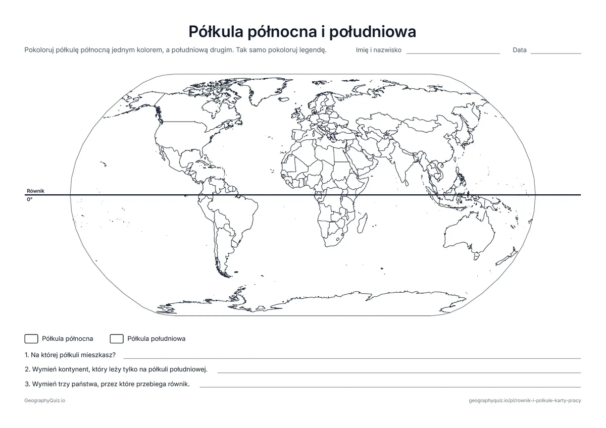 Podgląd karty pracy do druku „Półkula północna i południowa”: Mapa świata z narysowanym równikiem