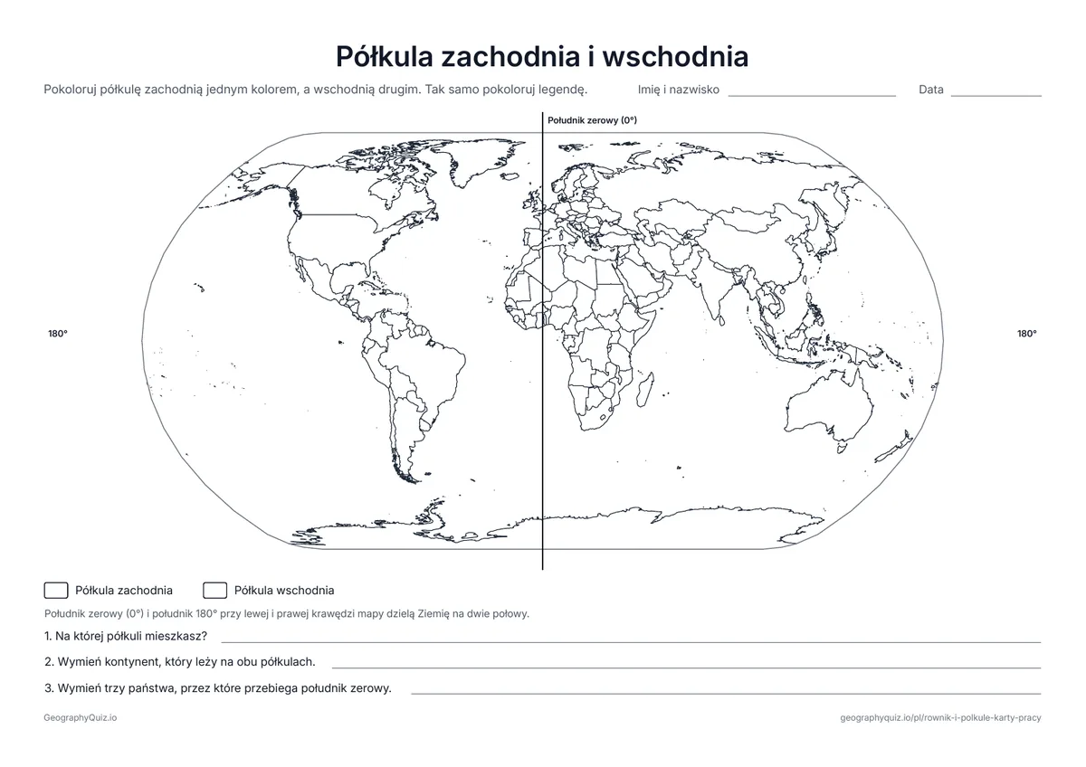 Podgląd karty pracy do druku „Półkula zachodnia i wschodnia”: Mapa świata z narysowanym południkiem zerowym