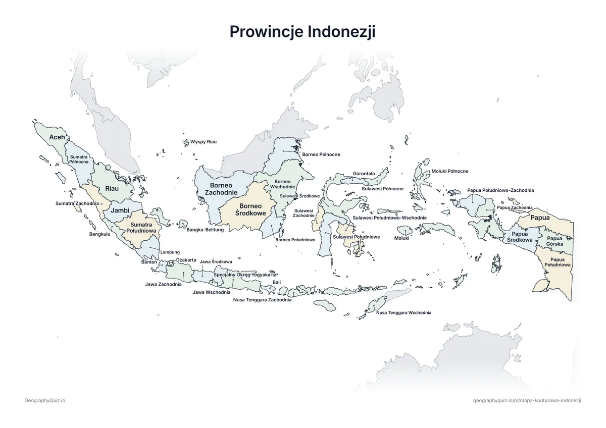 Podgląd karty pracy do druku „Prowincje Indonezji”: Mapa Indonezji ze wszystkimi nazwami – karta poglądowa na lekcję i do sprawdzania odpowiedzi