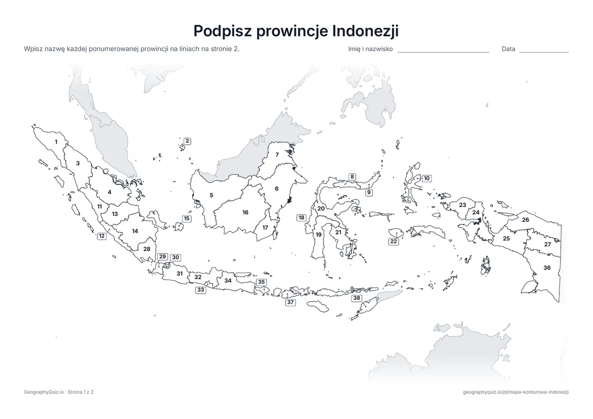Podgląd karty pracy do druku „Podpisz prowincje Indonezji”: Mapa z numerami wszystkich 38 prowincji