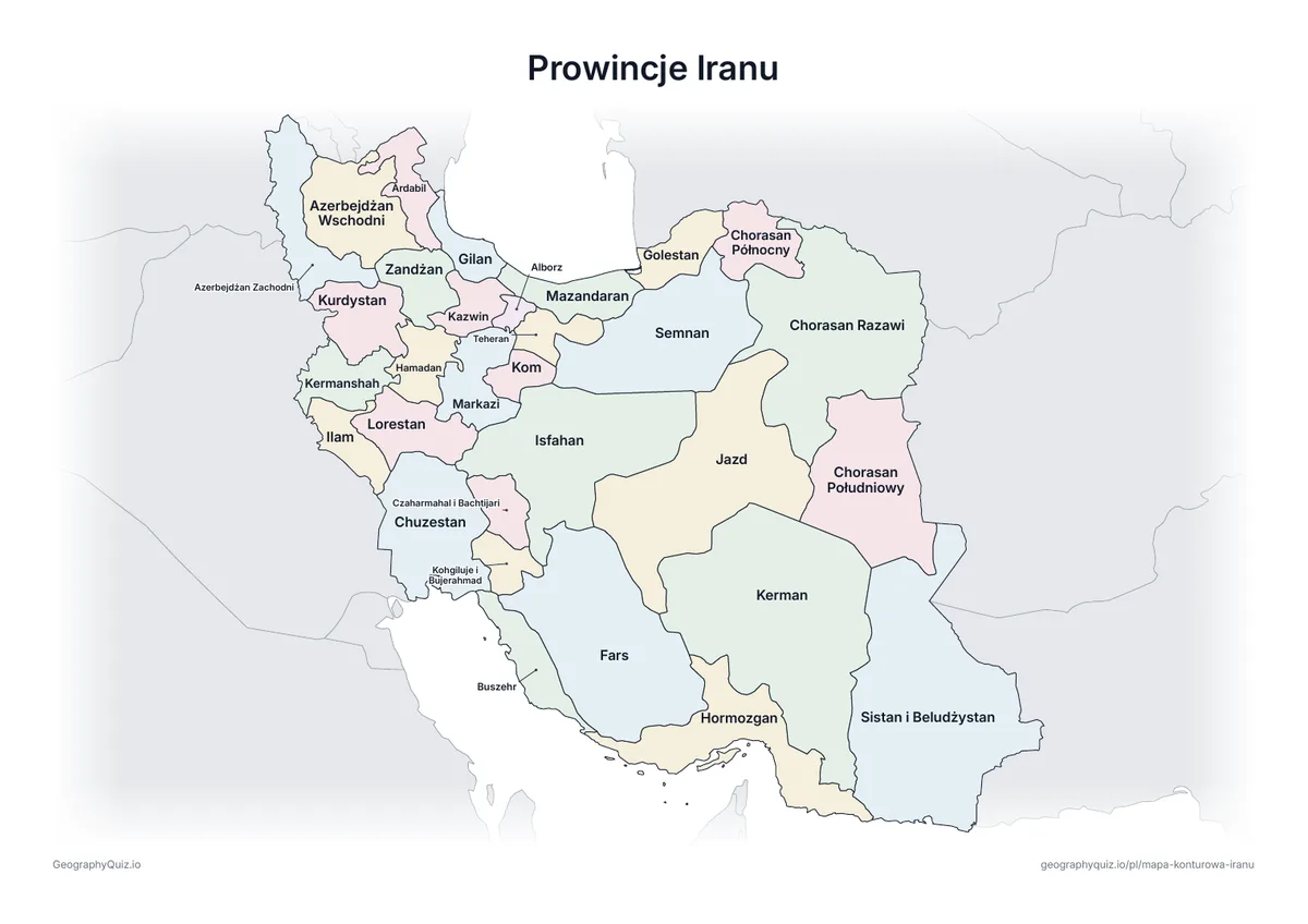 Podgląd karty pracy do druku „Prowincje Iranu”: Mapa Iranu ze wszystkimi nazwami – karta poglądowa na lekcję i do sprawdzania odpowiedzi
