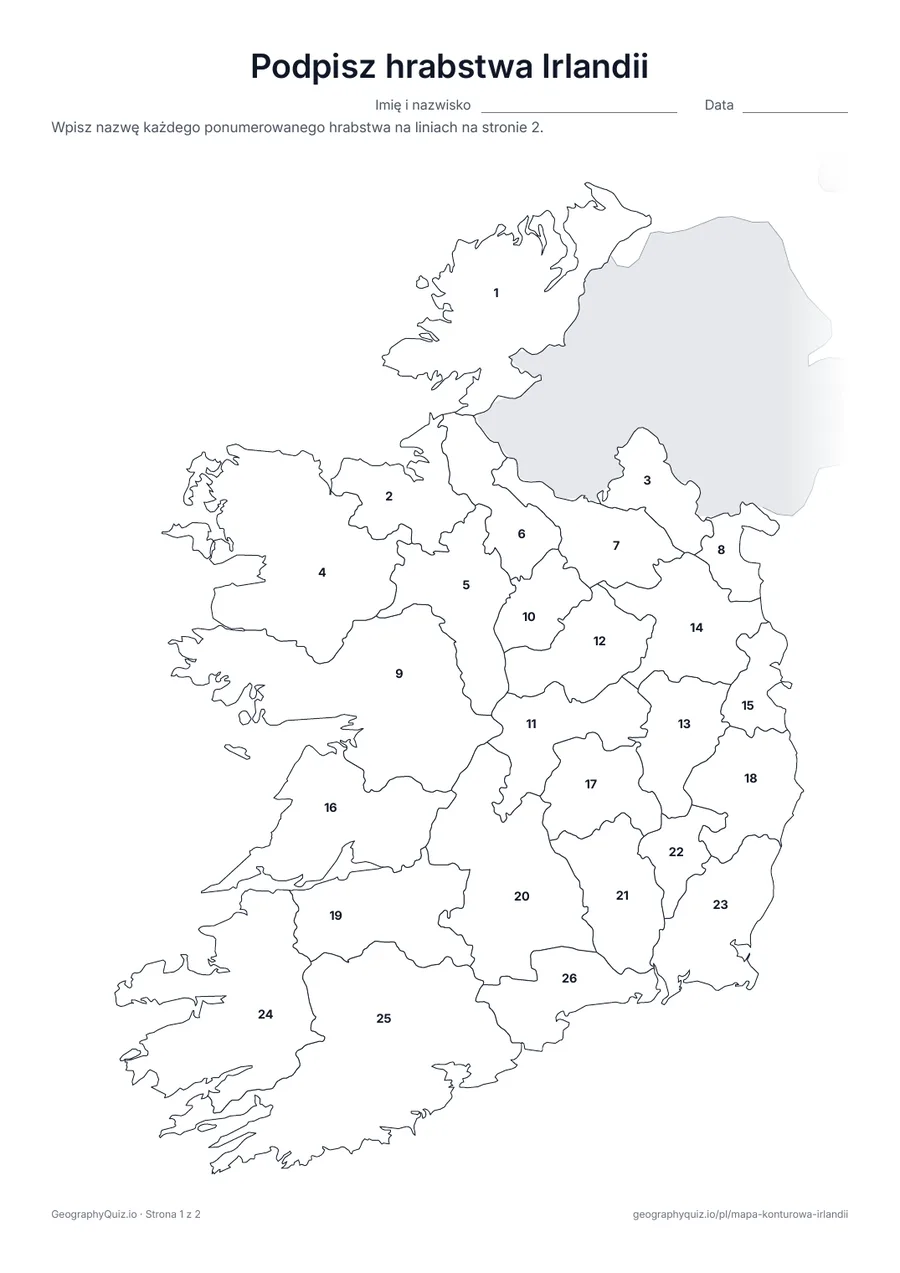 Podgląd karty pracy do druku „Podpisz hrabstwa Irlandii”: Mapa z numerami wszystkich 26 hrabstw