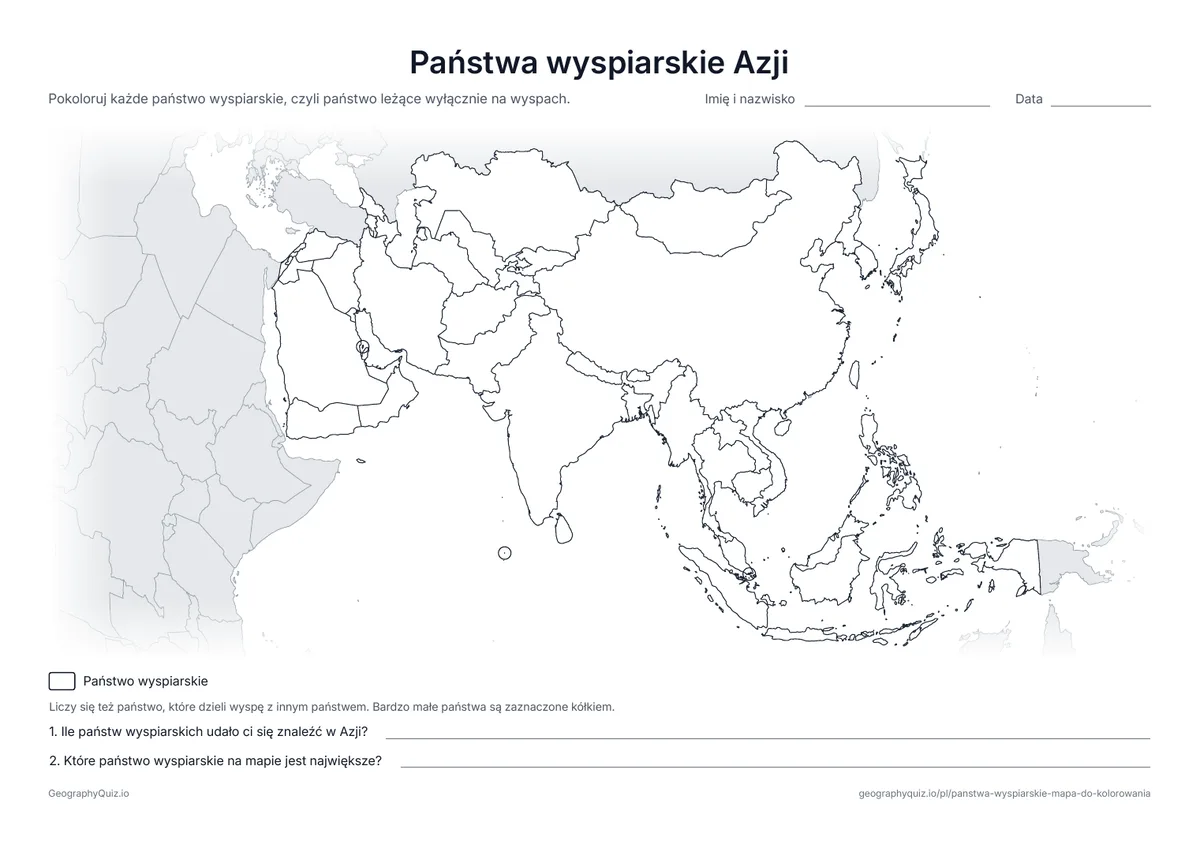 Podgląd karty pracy do druku „Państwa wyspiarskie Azji”: Mapa konturowa Azji do pokolorowania państw wyspiarskich, od Japonii po Malediwy