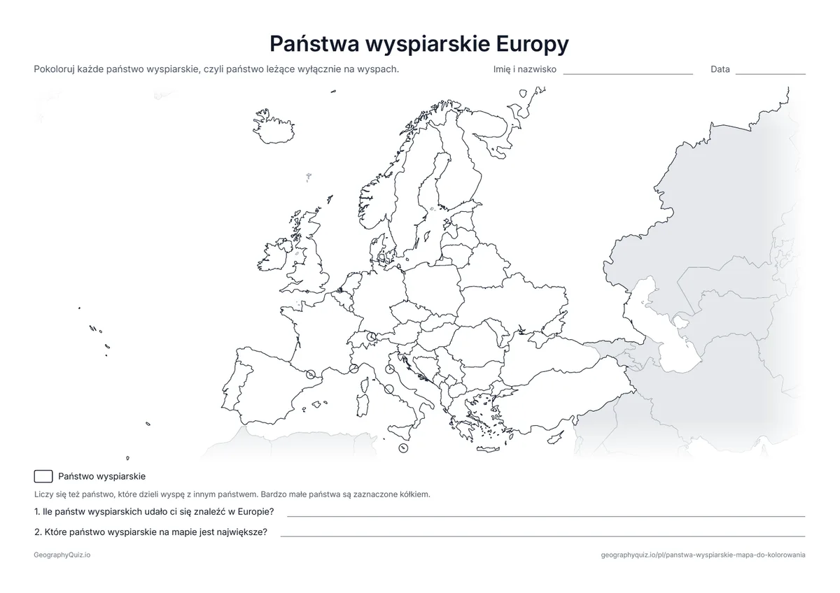 Podgląd karty pracy do druku „Państwa wyspiarskie Europy”: Mapa konturowa Europy do pokolorowania państw wyspiarskich, od Islandii po Cypr
