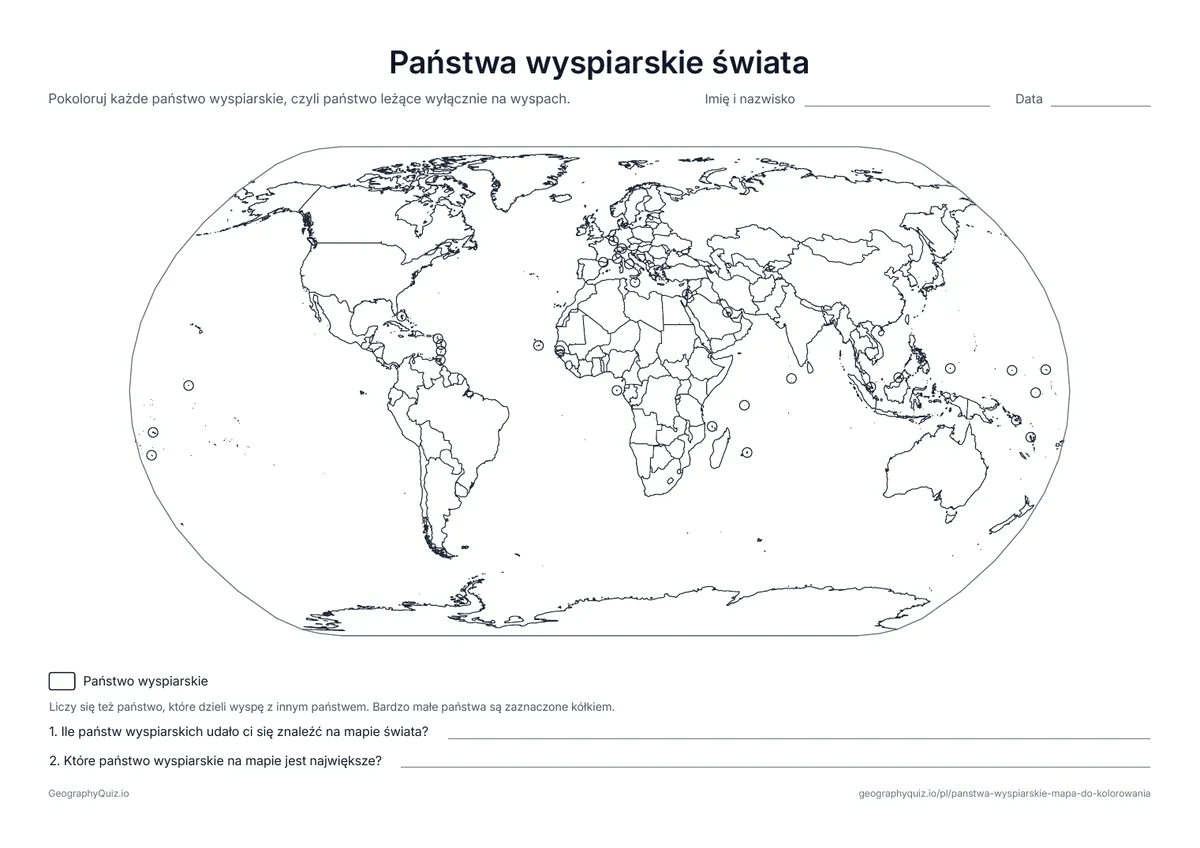 Podgląd karty pracy: mapa konturowa – Państwa wyspiarskie