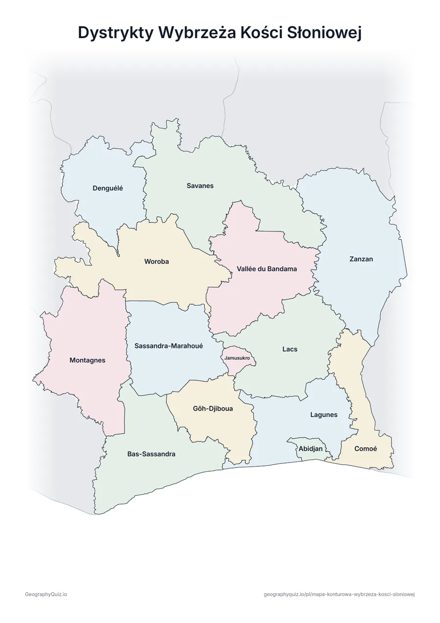 Podgląd karty pracy do druku „Dystrykty Wybrzeża Kości Słoniowej”: Mapa Wybrzeża Kości Słoniowej ze wszystkimi nazwami – karta poglądowa na lekcję i do sprawdzania odpowiedzi