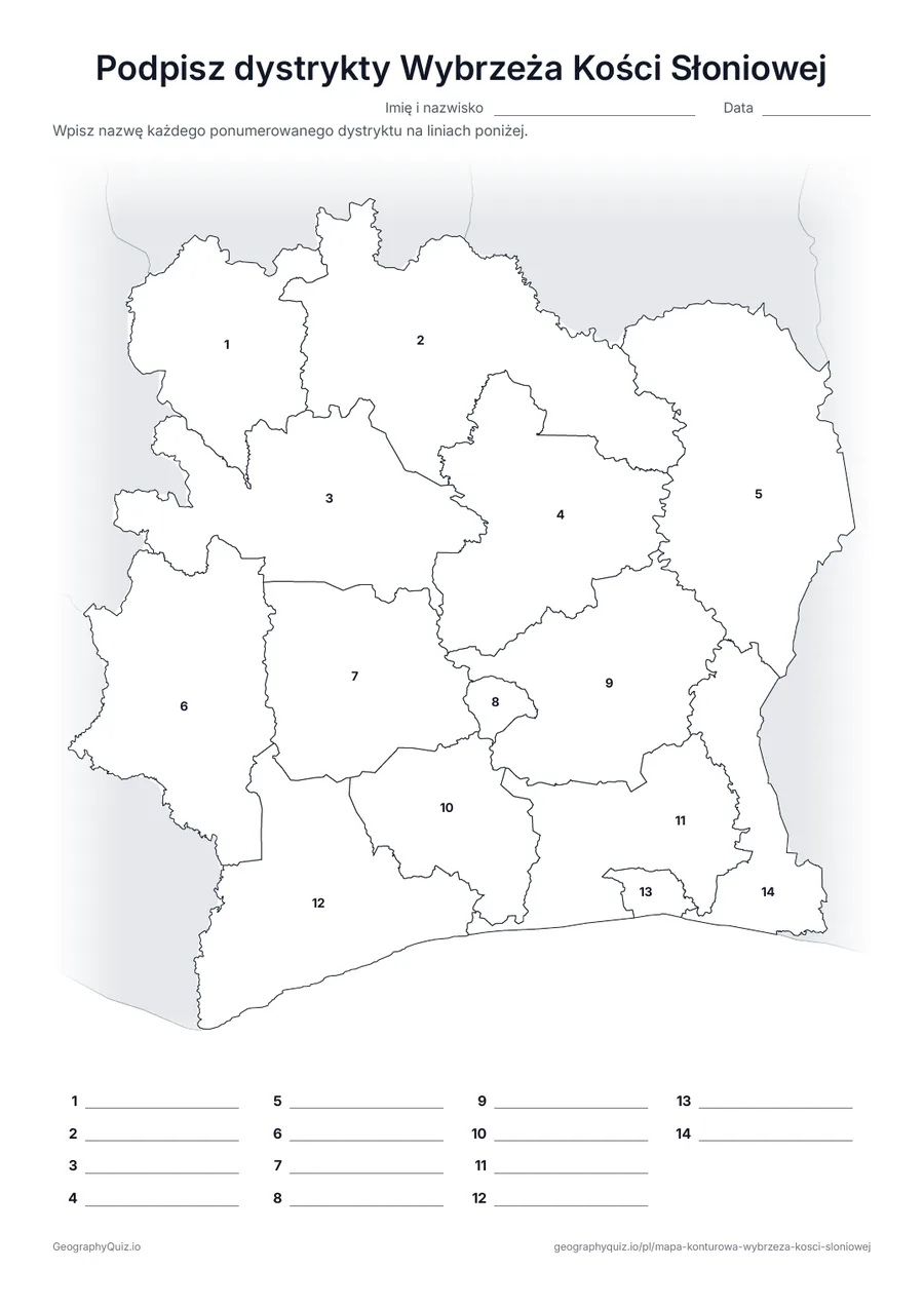 Podgląd karty pracy do druku „Podpisz dystrykty Wybrzeża Kości Słoniowej”: Mapa z numerami wszystkich 12 dystryktów i 2 dystryktów autonomicznych