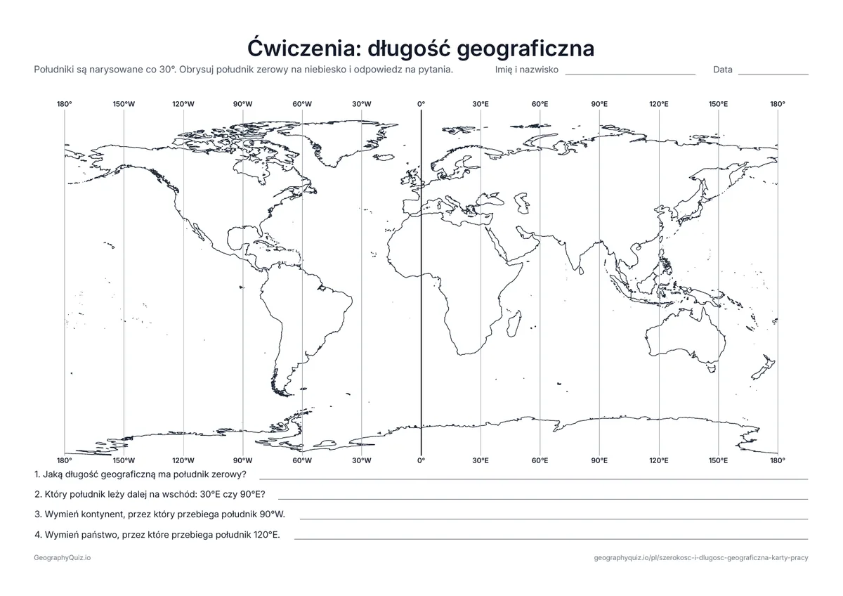 Podgląd karty pracy do druku „Ćwiczenia: długość geograficzna”: Mapa świata z południkami co 30°, opisanymi u góry i u dołu, i cztery pytania o ich odczytywanie
