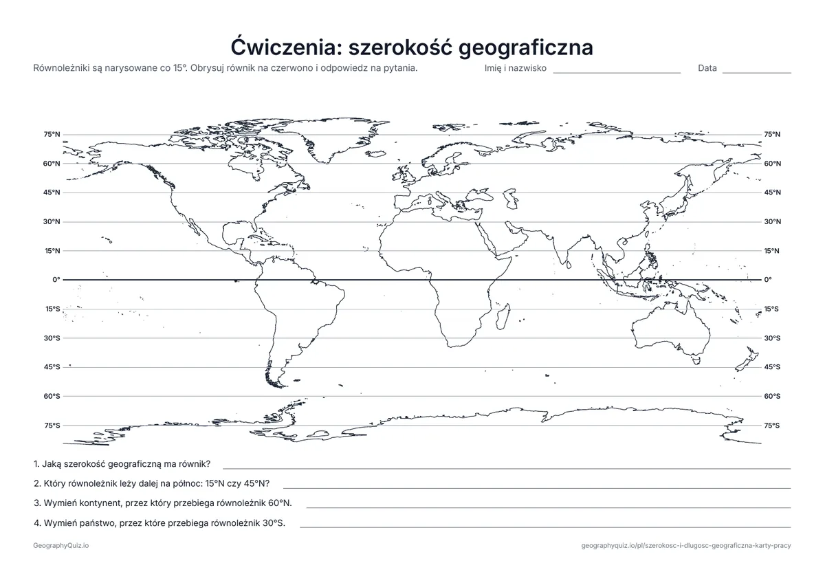 Podgląd karty pracy do druku „Ćwiczenia: szerokość geograficzna”: Mapa świata z równoleżnikami co 15°, opisanymi na obu końcach, i cztery pytania o ich odczytywanie