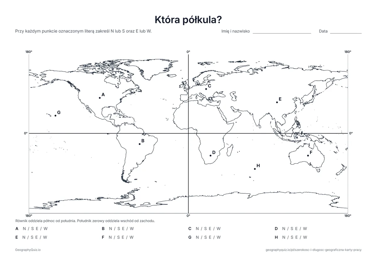 Podgląd karty pracy do druku „Która półkula?”: Równik i południk zerowy dzielą mapę na cztery części