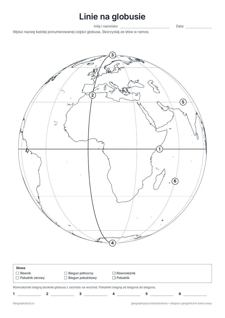Podgląd karty pracy: mapa konturowa – szerokość i długość geograficzna