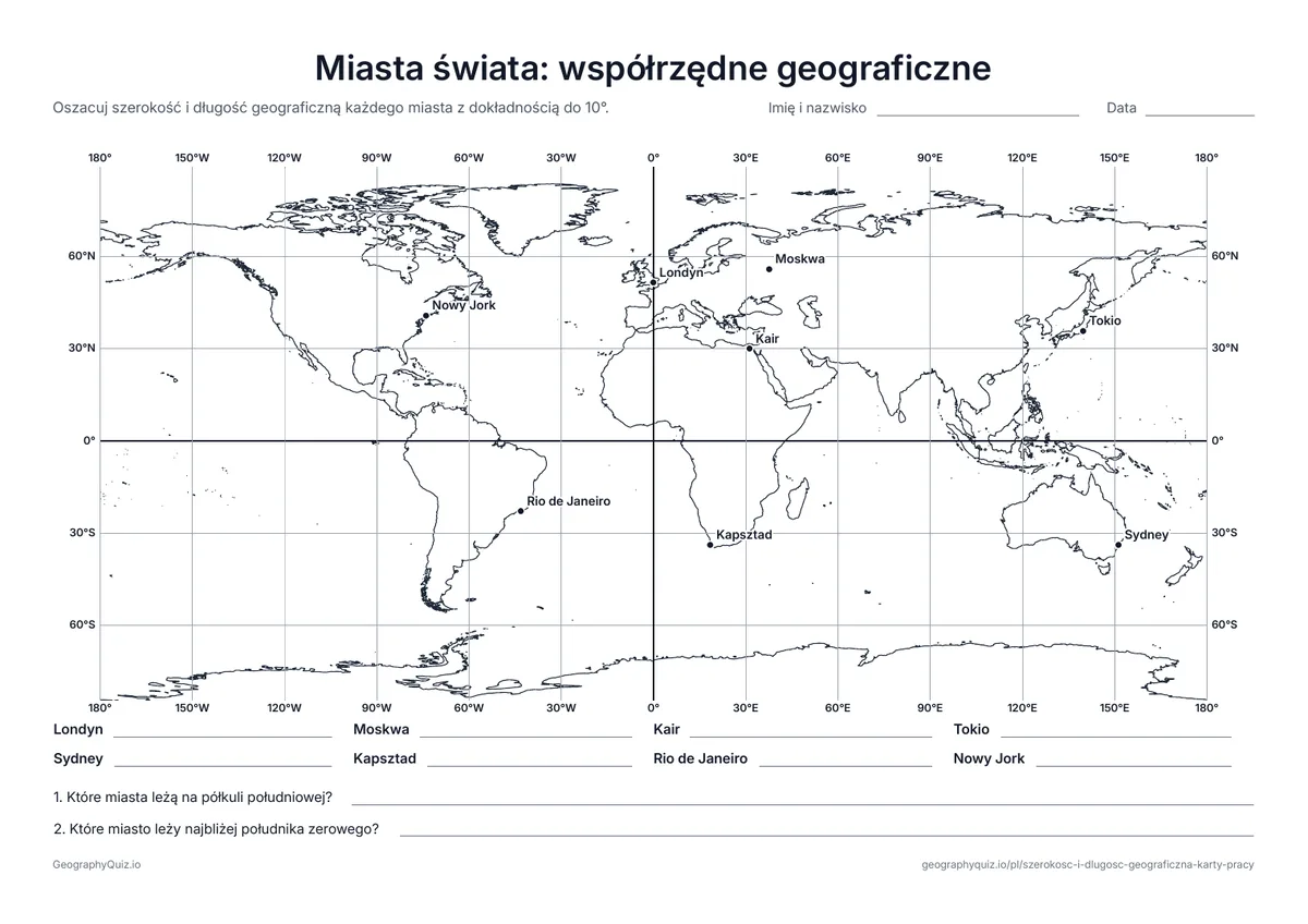 Podgląd karty pracy do druku „Miasta świata: współrzędne geograficzne”: Osiem miast świata w siatce co 30°
