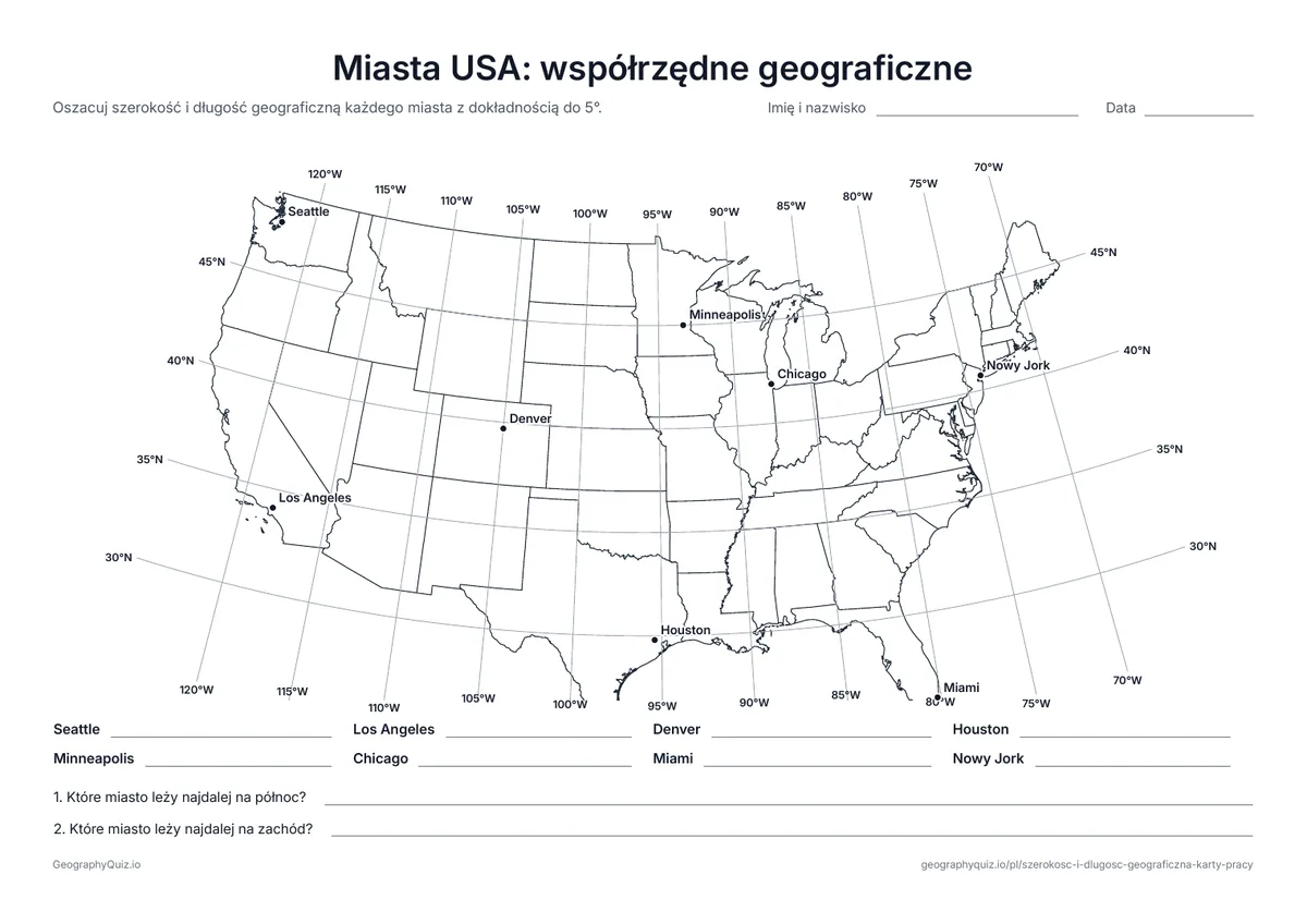 Podgląd karty pracy do druku „Miasta USA: współrzędne geograficzne”: Mapa 48 przylegających stanów z liniami co 5°
