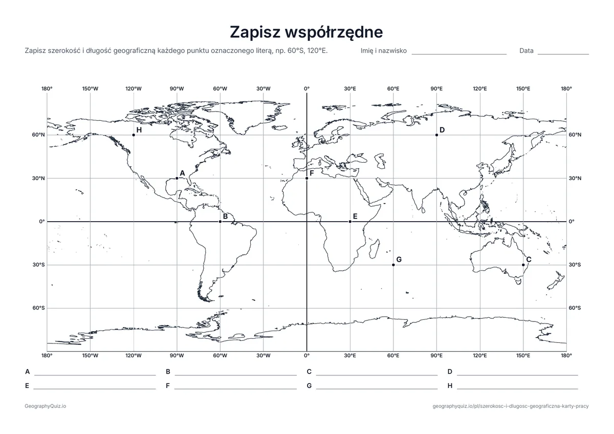 Podgląd karty pracy do druku „Zapisz współrzędne”: Osiem punktów oznaczonych literami na przecięciach linii